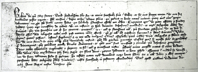 Image shows the Letter by King Robert I to Melrose Abbey for payment for the fabric of the church, 1329. National Manuscripts of Scotland, Part II, no.29